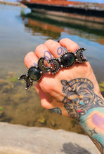Load image into Gallery viewer, Powerful ,Stunning Labradorite and Pyrite Triple Crescent Moon Goddess Ring