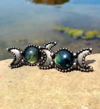 Load image into Gallery viewer, Powerful ,Stunning Labradorite and Pyrite Triple Crescent Moon Goddess Ring

