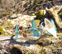 Load image into Gallery viewer, Fairy vibes handmade crystal Crown adorned with Clear Quartz, Aqua Aura and Smokey quartz.
