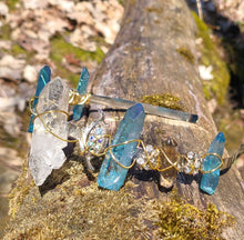 Load image into Gallery viewer, Fairy vibes handmade crystal Crown adorned with Clear Quartz, Aqua Aura and Smokey quartz.
