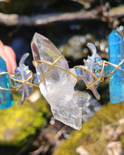 Load image into Gallery viewer, Fairy vibes handmade crystal Crown adorned with Clear Quartz, Aqua Aura and Smokey quartz.
