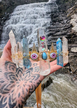 Load image into Gallery viewer, MAGNIFICIENT Clear Quartz Crown with Larimar and Pink evil eyes radiating love
