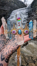 Load image into Gallery viewer, MAGNIFICIENT Clear Quartz Crown with Larimar and Pink evil eyes radiating love
