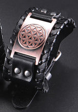 Load image into Gallery viewer, Powerful ,Sacred Geometry Leather Bracelets Bigger flower of life pattern - Black with Copper
