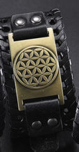 Load image into Gallery viewer, Powerful ,Sacred Geometry Leather Bracelets Bigger flower of Life Black with Gold

