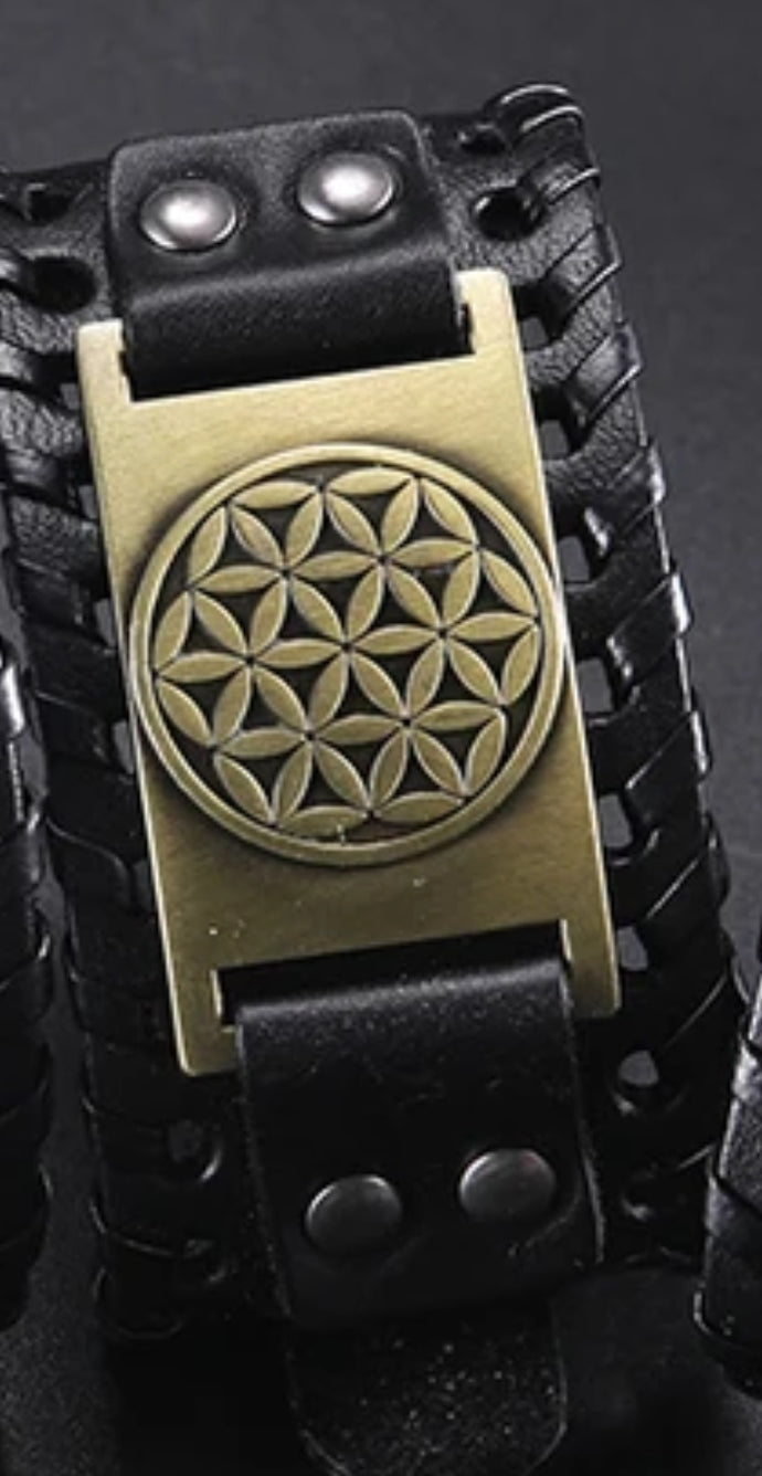 Powerful ,Sacred Geometry Leather Bracelets Bigger flower of Life Black with Gold