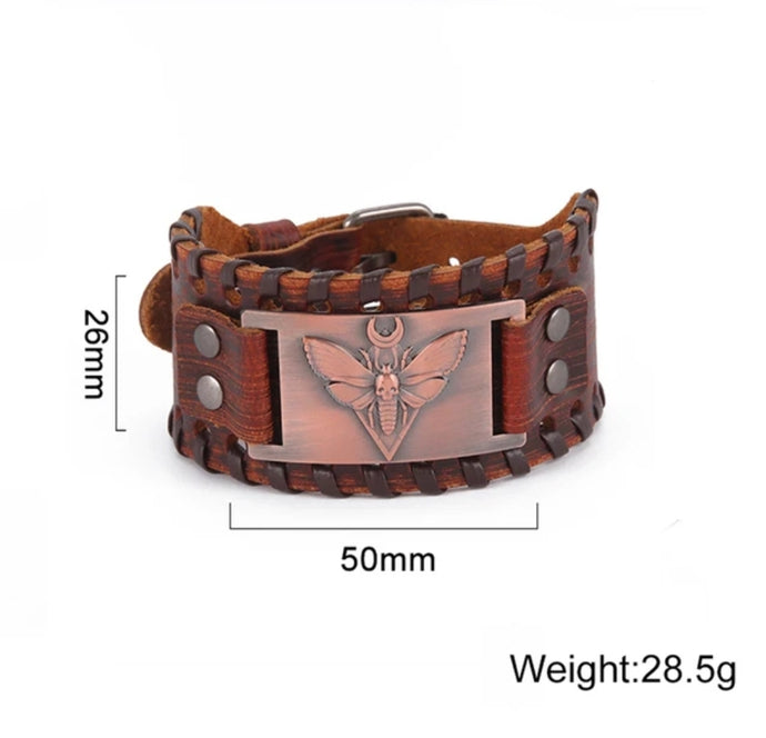 Leather Moth engraved bracelet to help you become the best version of yourself yourself. Brown death moth