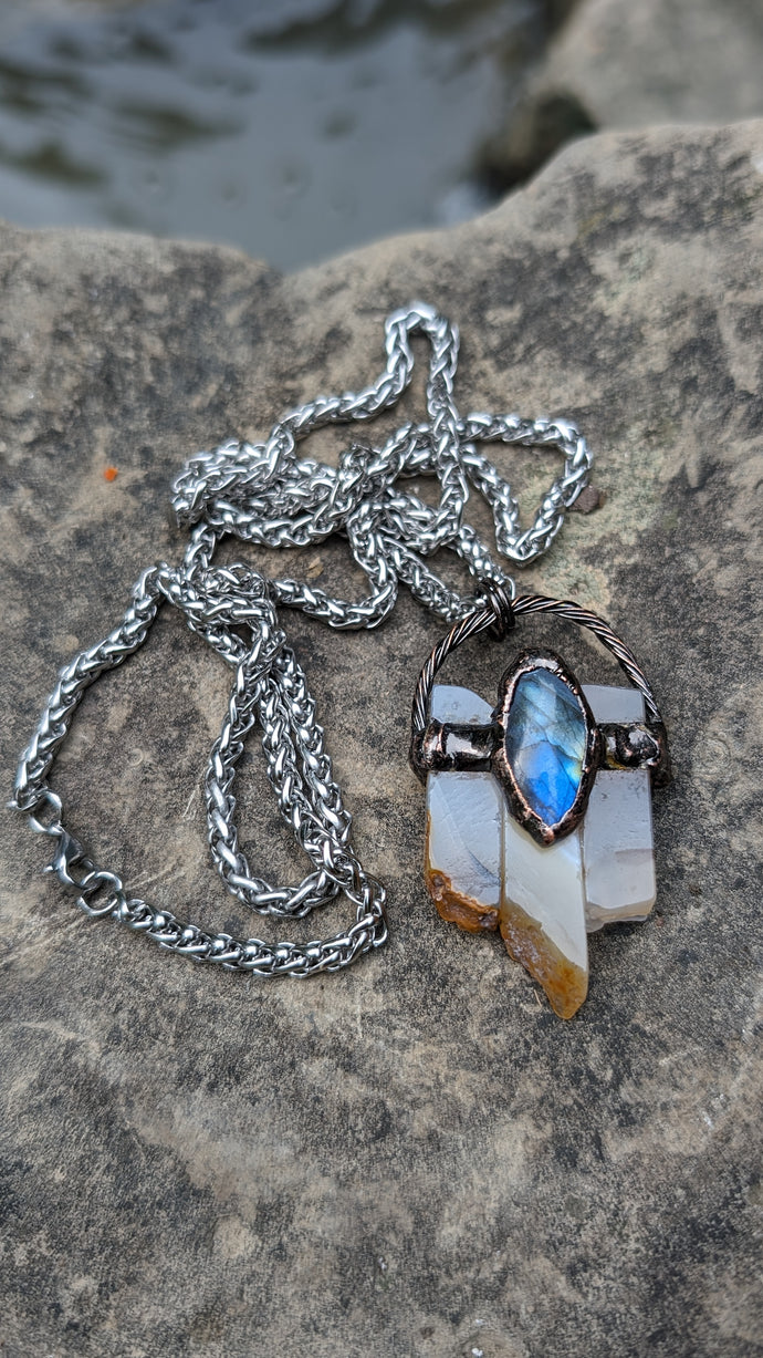 Celestial Copper wrapped Triple Agate and Labradorite necklace
