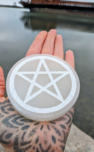 Shimmery Selenite charging plate with Pentagram carving