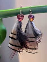 Load image into Gallery viewer, Handmade Golden Pheasant Earrings -Yellow and Red with Heart crystals
