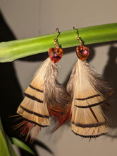 Load image into Gallery viewer, Handmade Golden Pheasant Earrings -Yellow and Red with Heart crystals
