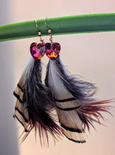 Load image into Gallery viewer, Handmade Golden Pheasant Earrings -Yellow and Red with Heart crystals
