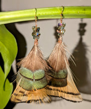 Load image into Gallery viewer, Handmade Golden Pheasant earrings,Green and Yellow with Butterfly crystals
