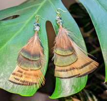 Load image into Gallery viewer, Handmade Golden Pheasant earrings,Green and Yellow with Butterfly crystals
