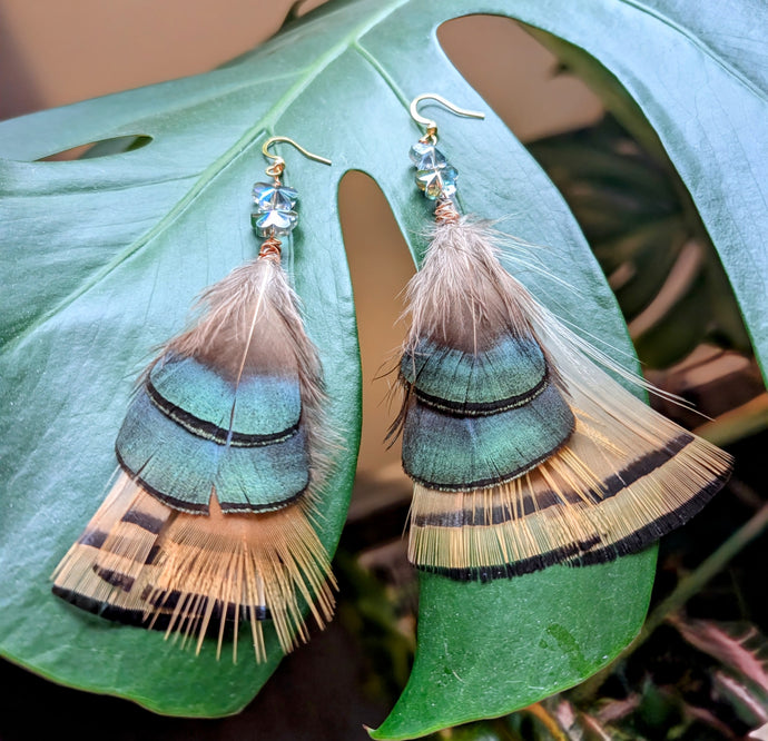 Handmade Golden Pheasant earrings,Green and Yellow with Butterfly crystals