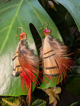 Load image into Gallery viewer, Handmade Golden Pheasant Earrings -Yellow and Red with Heart crystals
