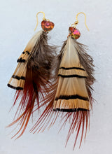 Load image into Gallery viewer, Handmade Golden Pheasant Earrings -Yellow and Red with Heart crystals
