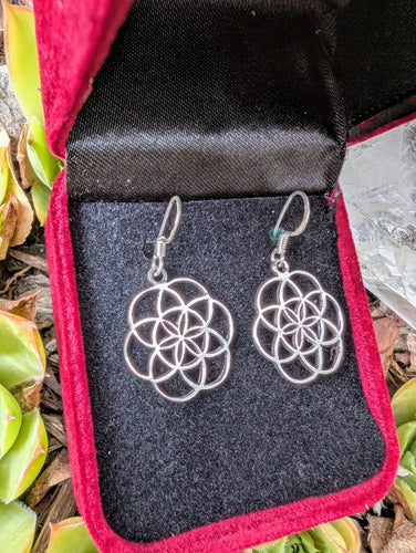 Silver floral earrings in a red and black jewelry box with greenery around.